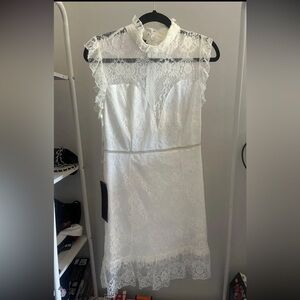 Bebe White Ruffle Mock Neck Lace Dress